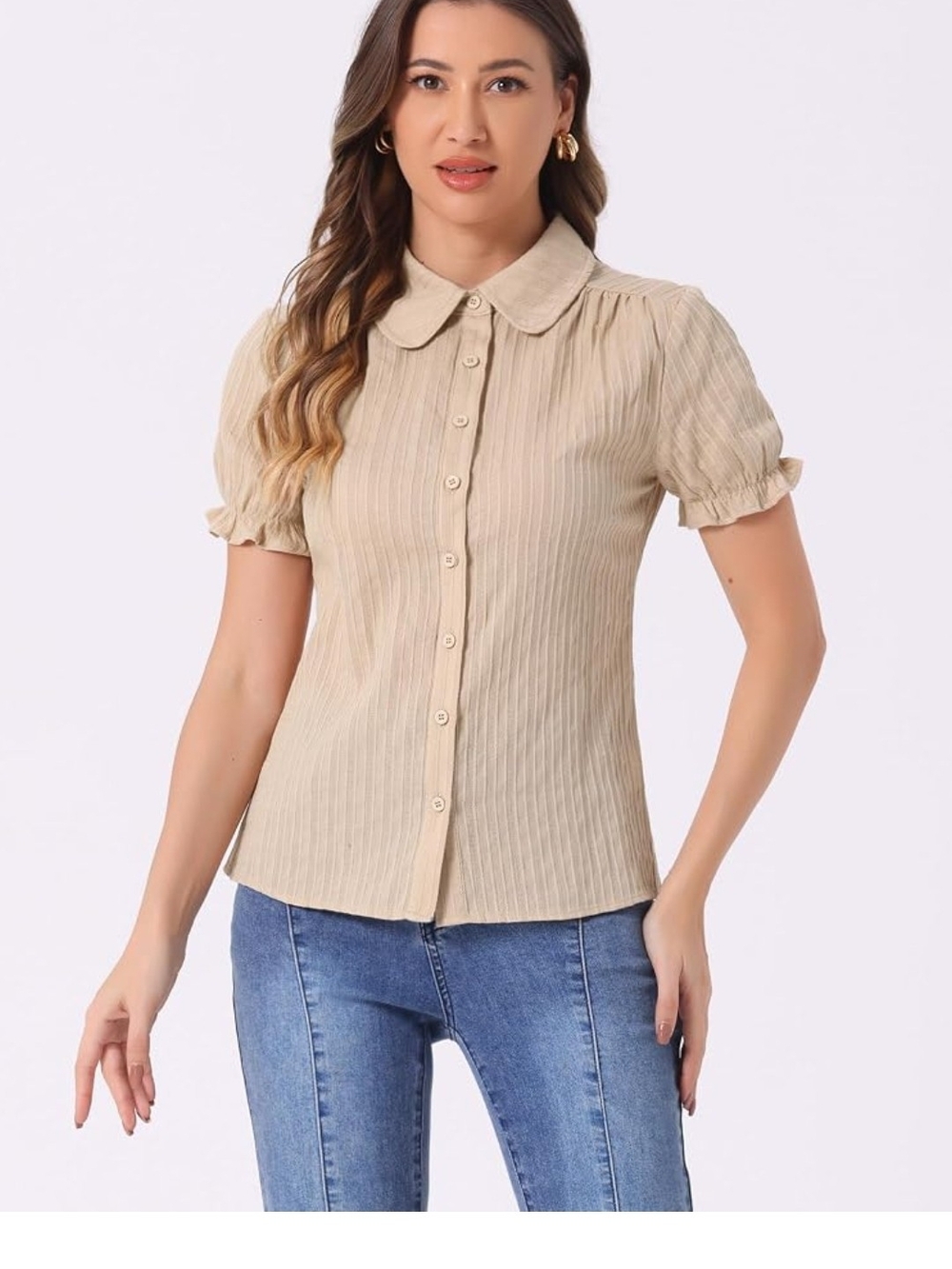 Allegra K Tan Short-Sleeve Button-Down Shirt